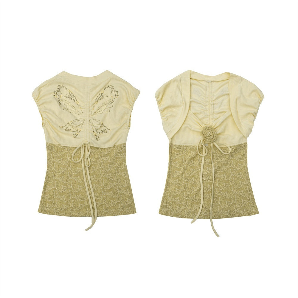 NO_ROMANCE_Yellow_Rhinestone_Spliced_Lace_Bow_Puff_Sleeve_Women'S_Short_Sleeve_T-Shirts_MISSTT
