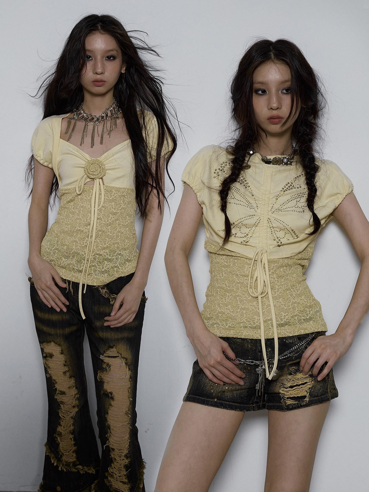 NO ROMANCE Yellow Rhinestone Spliced Lace Bow Puff Sleeve Women'S Short Sleeve T-Shirts