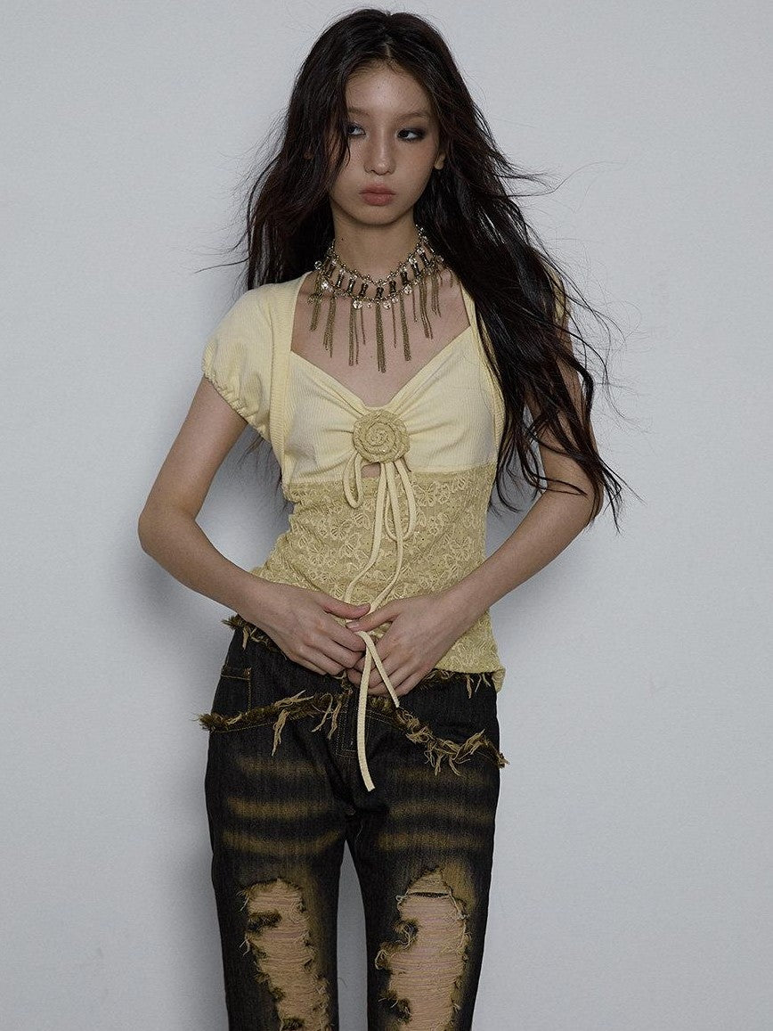 NO ROMANCE Yellow Rhinestone Spliced Lace Bow Puff Sleeve Women'S Short Sleeve T-Shirts