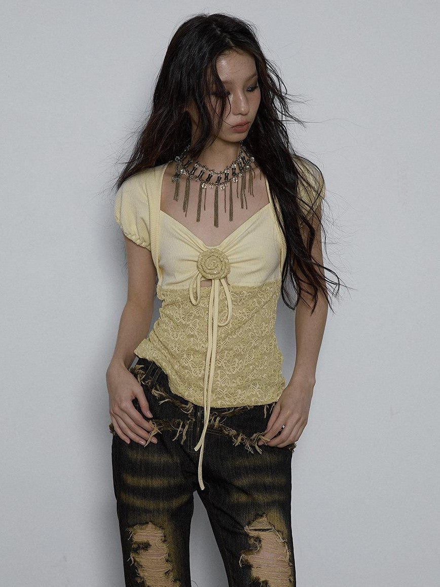 NO ROMANCE Yellow Rhinestone Spliced Lace Bow Puff Sleeve Women'S Short Sleeve T-Shirts