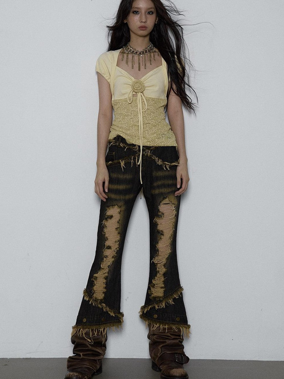NO ROMANCE Yellow Rhinestone Spliced Lace Bow Puff Sleeve Women'S Short Sleeve T-Shirts