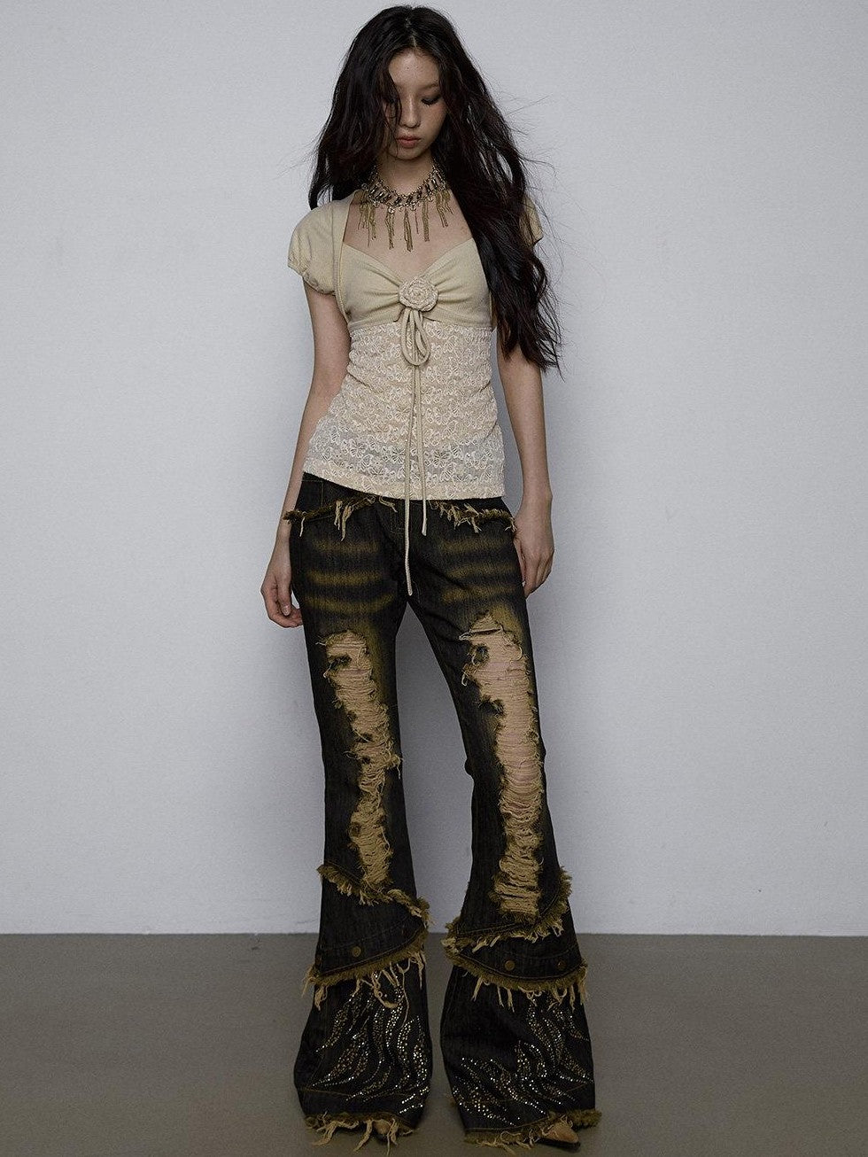 NO ROMANCE Yellow Rhinestone Spliced Lace Bow Puff Sleeve Women'S Short Sleeve T-Shirts