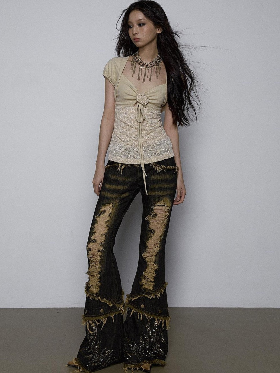 NO ROMANCE Yellow Rhinestone Spliced Lace Bow Puff Sleeve Women'S Short Sleeve T-Shirts