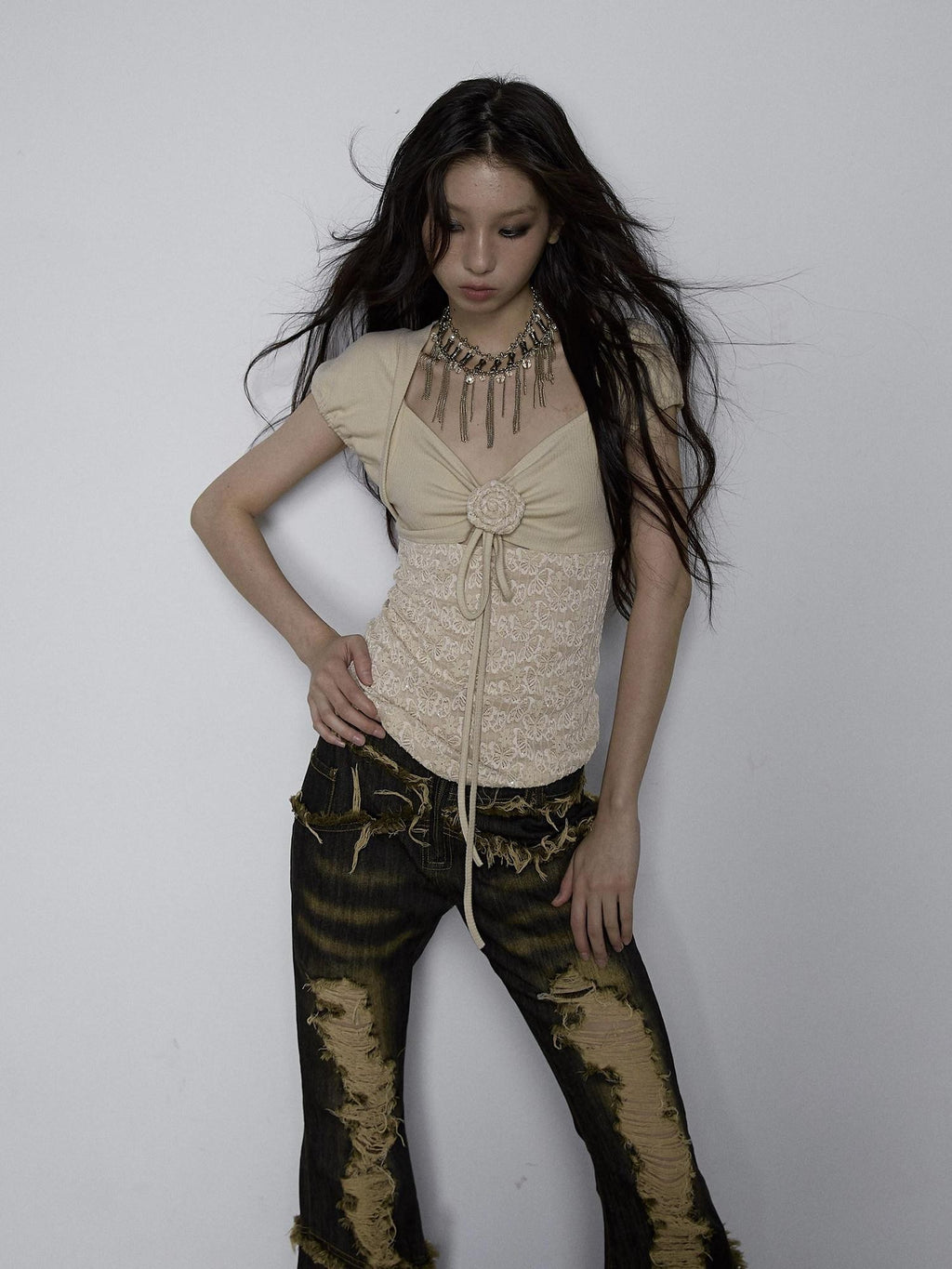 NO ROMANCE Yellow Rhinestone Spliced Lace Bow Puff Sleeve Women'S Short Sleeve T-Shirts