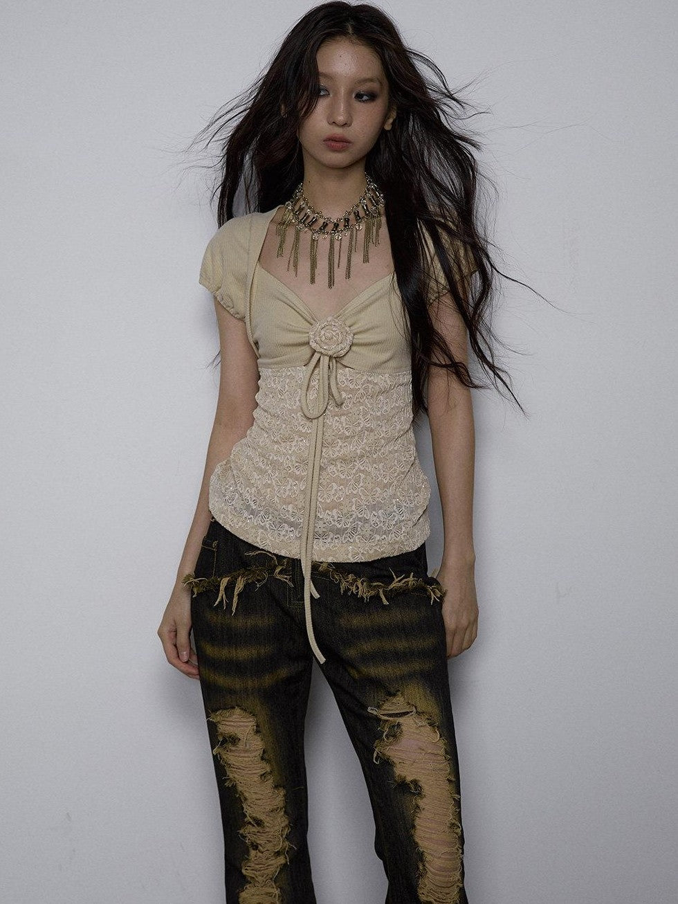 NO ROMANCE Yellow Rhinestone Spliced Lace Bow Puff Sleeve Women'S Short Sleeve T-Shirts