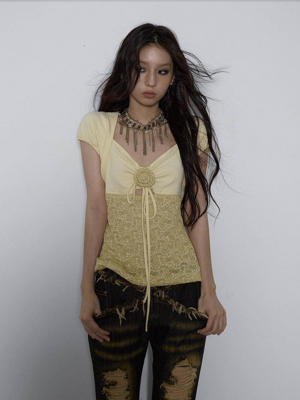 NO ROMANCE Yellow Rhinestone Spliced Lace Bow Puff Sleeve Women'S Short Sleeve T-Shirts