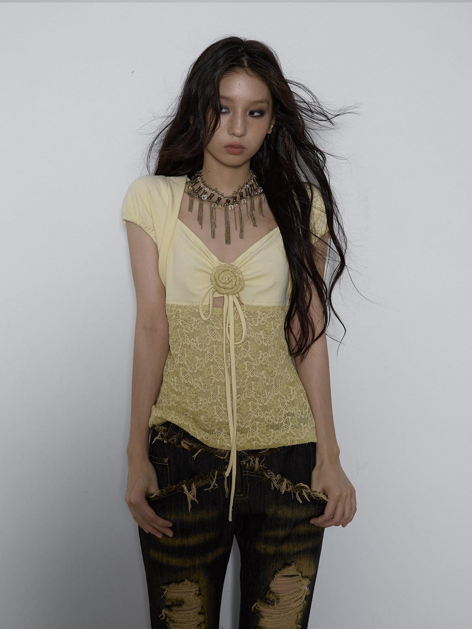 NO ROMANCE Yellow Rhinestone Spliced Lace Bow Puff Sleeve Women'S Short Sleeve T-Shirts