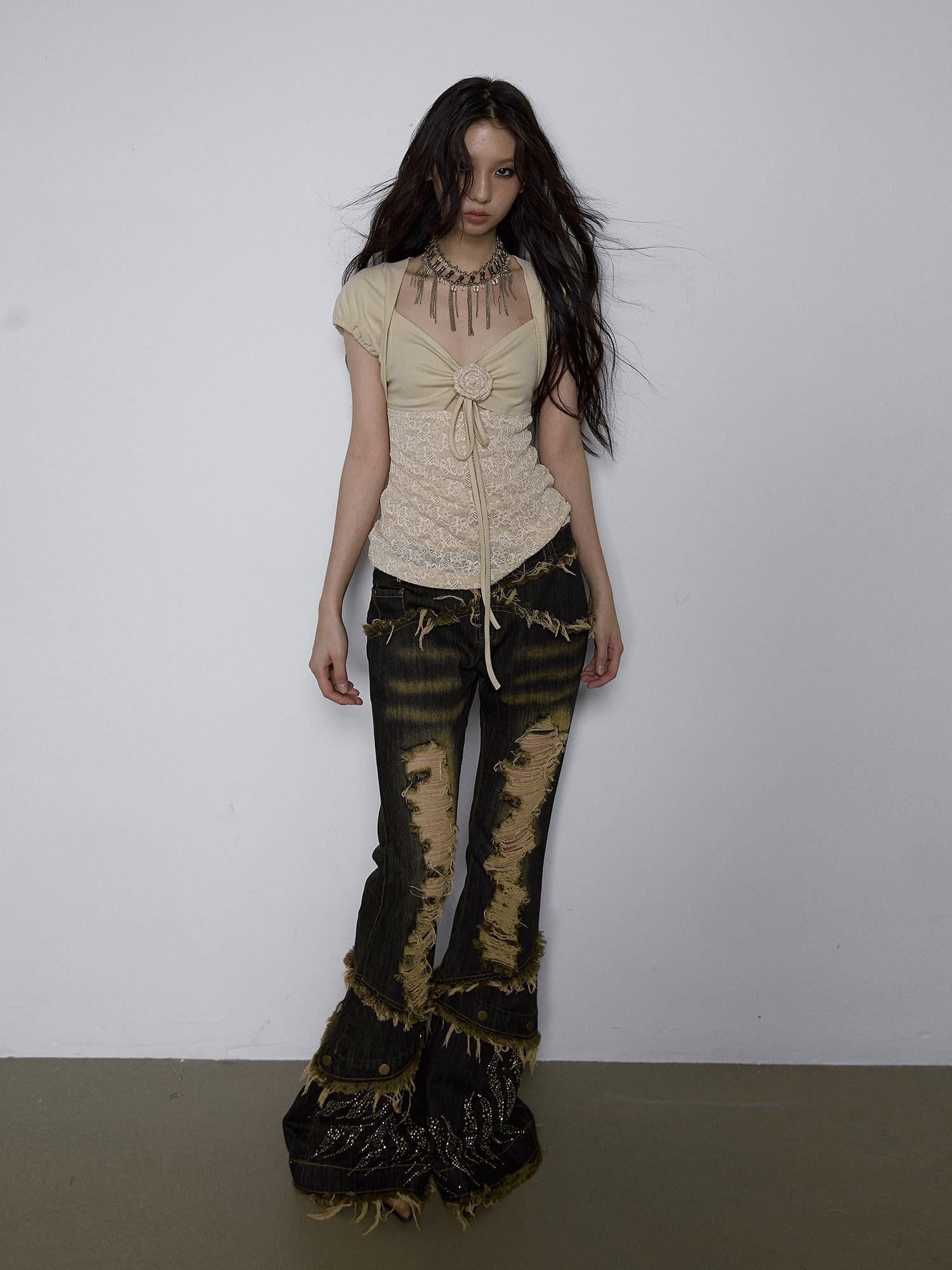 NO ROMANCE Yellow Rhinestone Spliced Lace Bow Puff Sleeve Women'S Short Sleeve T-Shirts