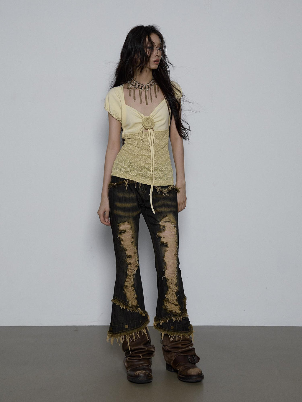 NO ROMANCE Yellow Rhinestone Spliced Lace Bow Puff Sleeve Women'S Short Sleeve T-Shirts