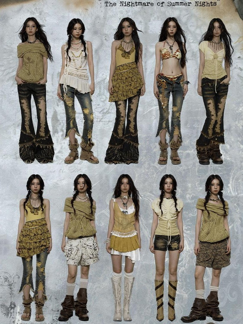 NO ROMANCE Yellow Rhinestone Spliced Lace Bow Puff Sleeve Women'S Short Sleeve T-Shirts