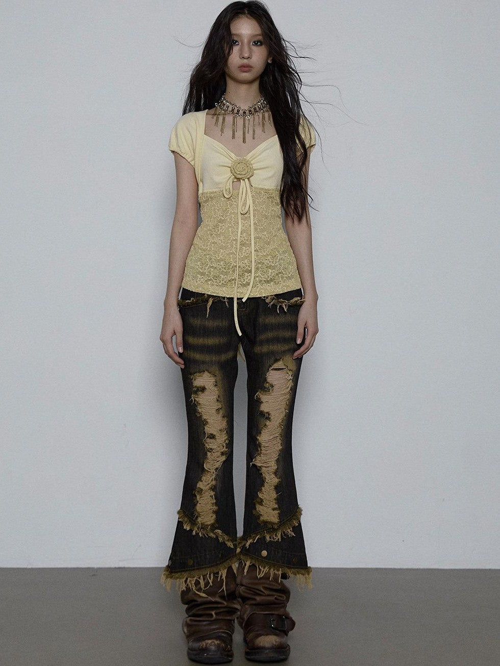 NO ROMANCE Yellow Rhinestone Spliced Lace Bow Puff Sleeve Women'S Short Sleeve T-Shirts