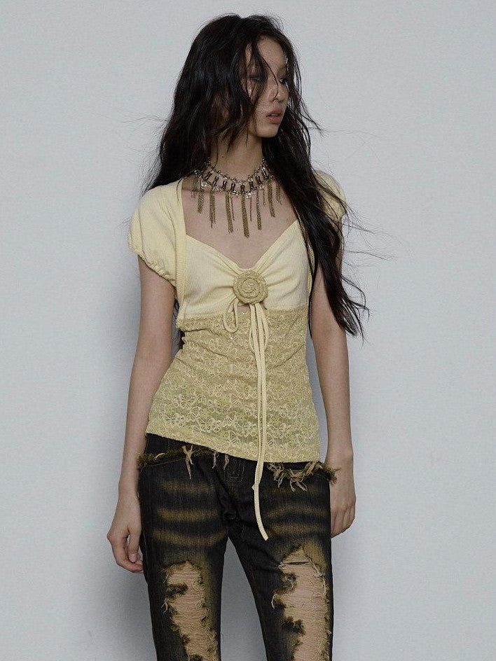 NO ROMANCE Yellow Rhinestone Spliced Lace Bow Puff Sleeve Women'S Short Sleeve T-Shirts