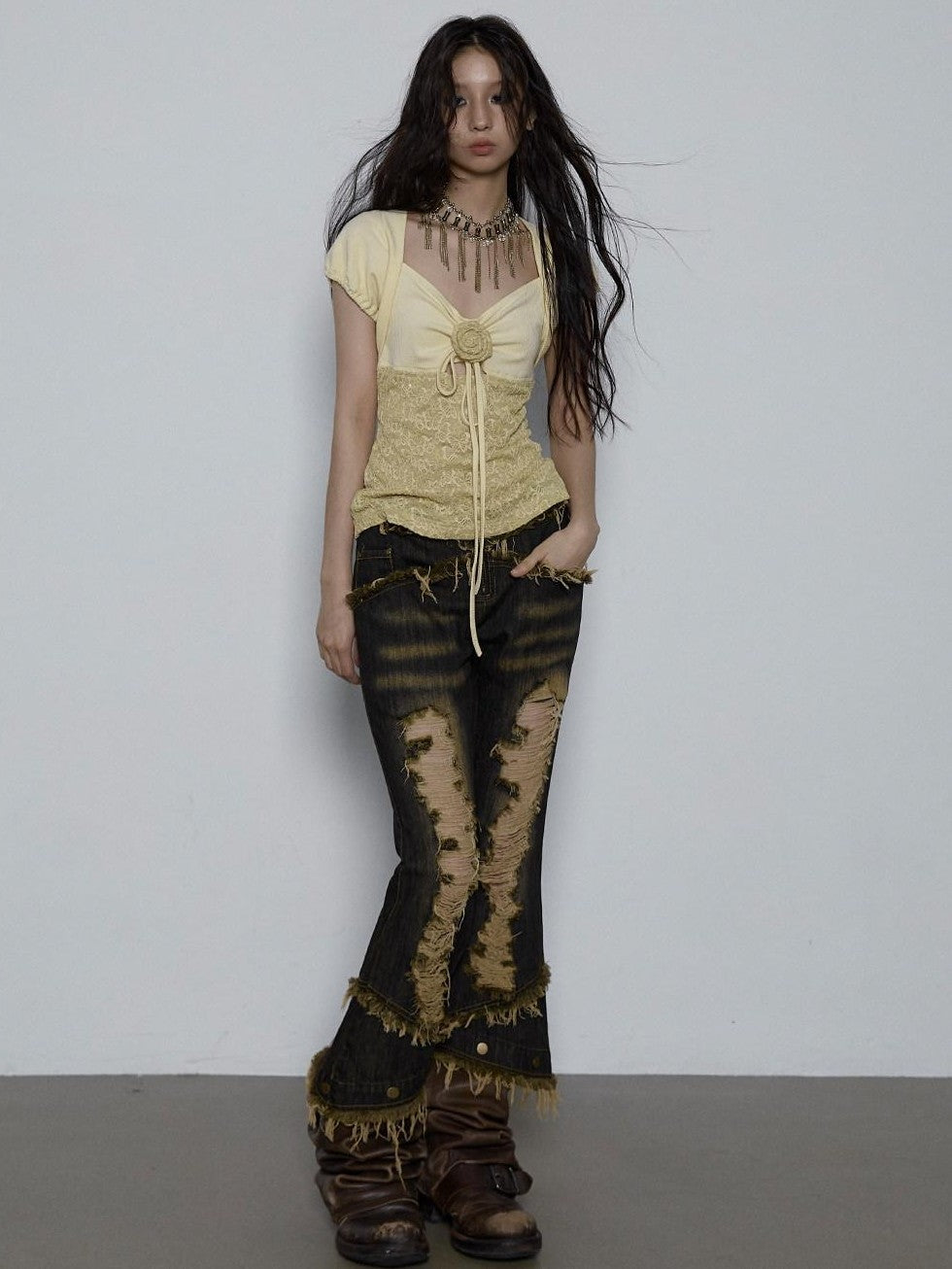 NO ROMANCE Yellow Rhinestone Spliced Lace Bow Puff Sleeve Women'S Short Sleeve T-Shirts