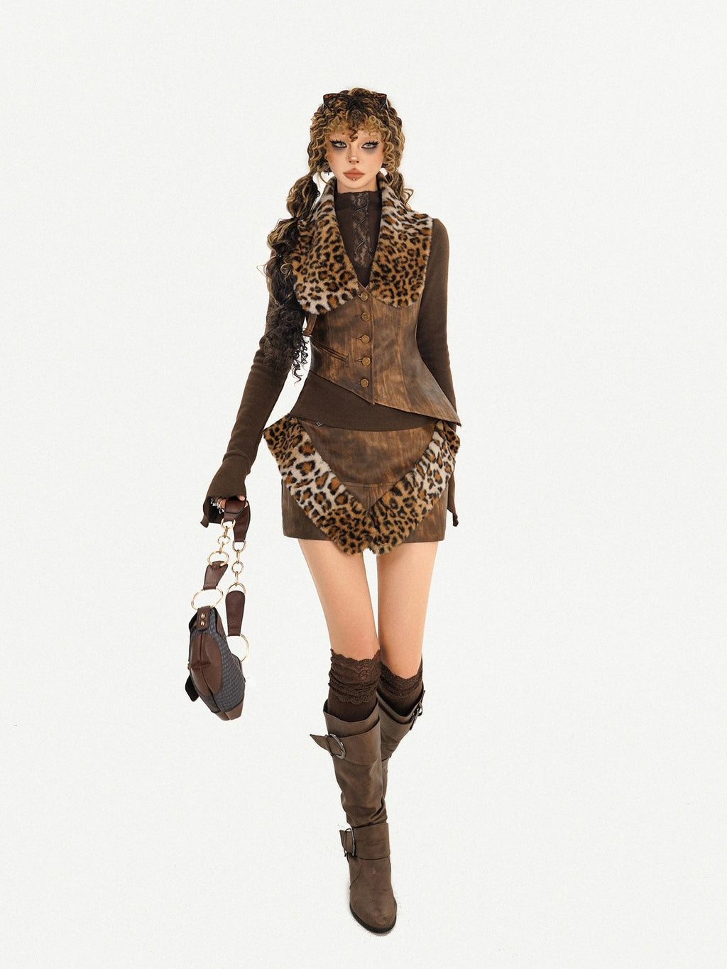 Nico Molly Animal Print Patchwork Cropped Vintage Slim Vest Three Piece Top & Skirt Sets