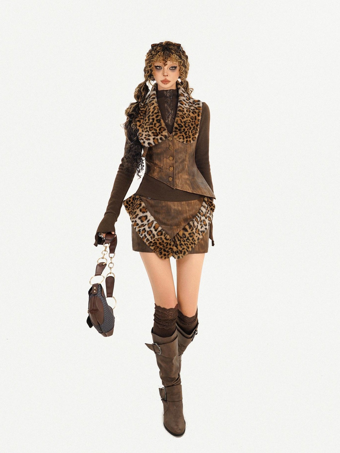 Nico Molly Animal Print Patchwork Cropped Vintage Slim Vest Three Piece Top & Skirt Sets