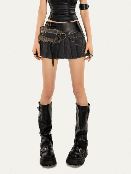 Nico Molly Anti Static Lined Vintage Pleated Aline Low Waist Chain Detail Women Mini Skirts