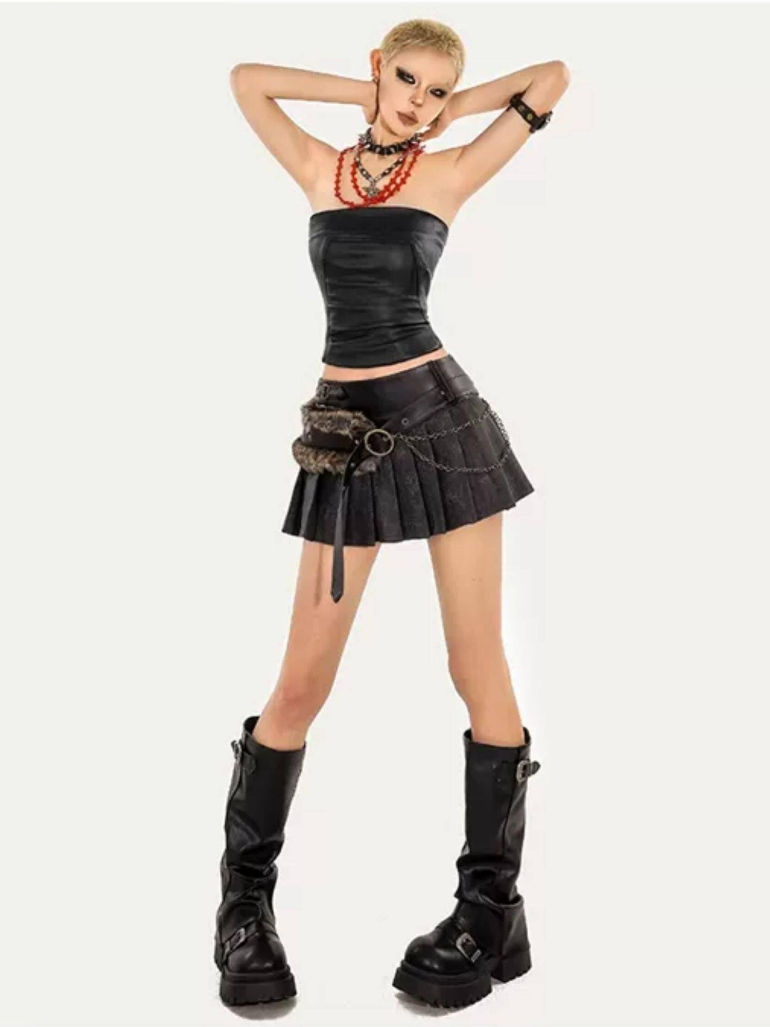 Nico Molly Anti Static Lined Vintage Pleated Aline Low Waist Chain Detail Women Mini Skirts