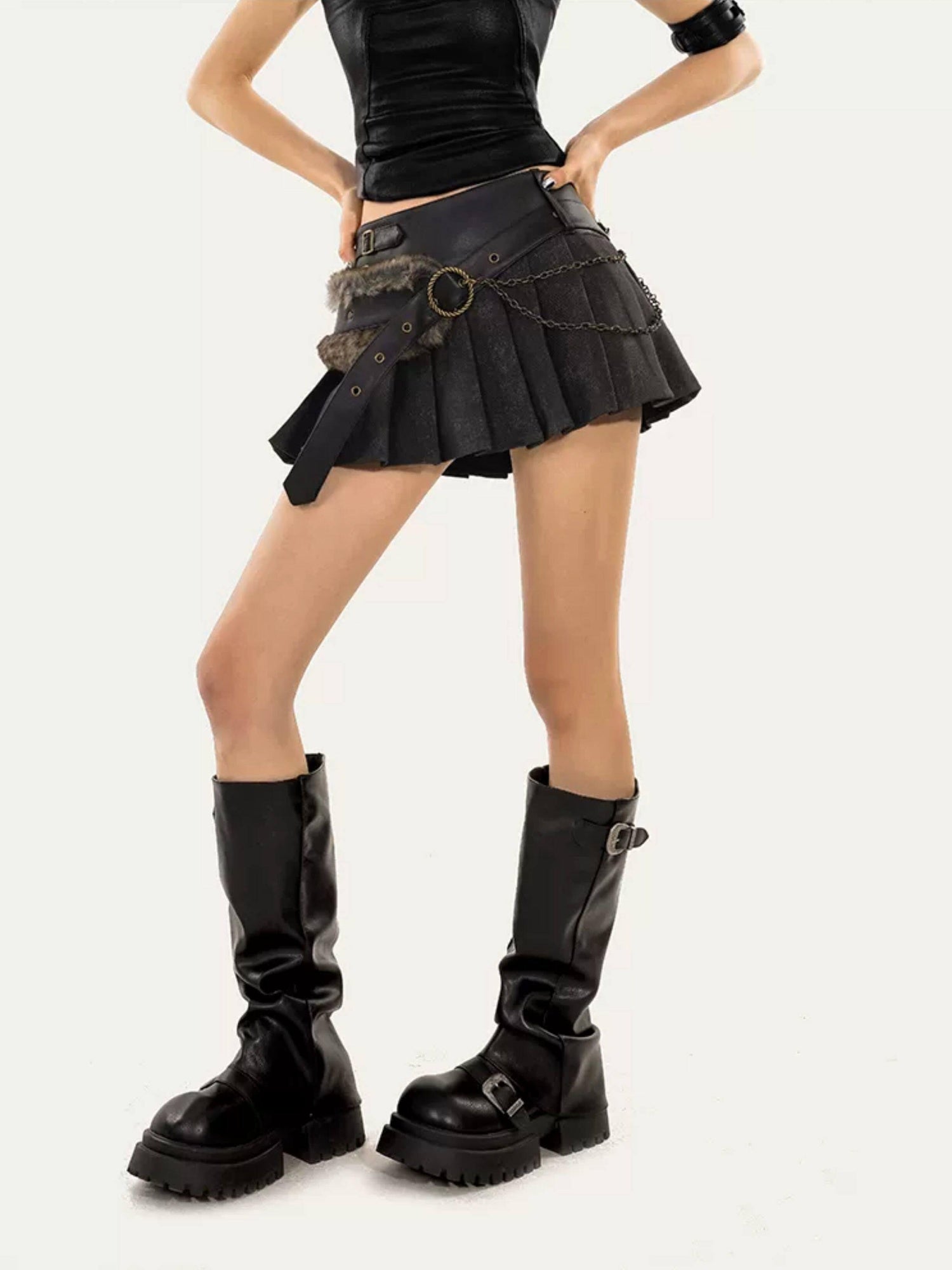 Nico Molly Anti Static Lined Vintage Pleated Aline Low Waist Chain Detail Women Mini Skirts