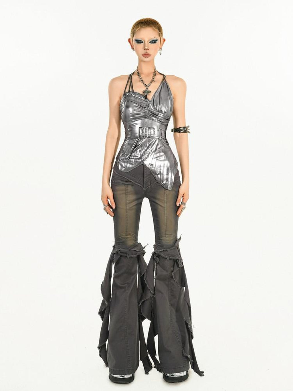 Nico Molly Asymmetric Halter Padded Slim Fit Street Style Silver Solid Women Camisoles