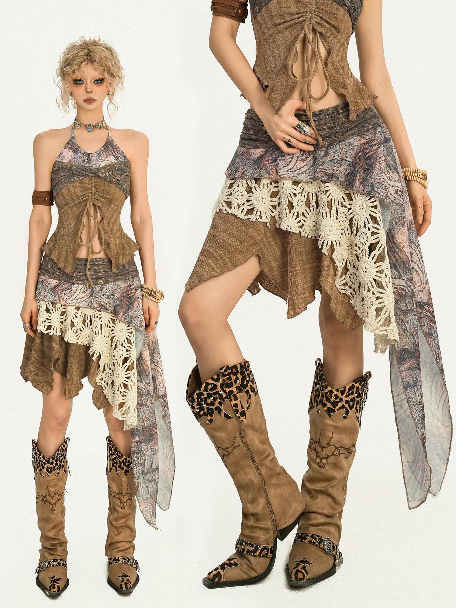 Nico Molly Asymmetric Patchwork Street Style Mid Waist A Line Brown Women Top & Skirt Sets