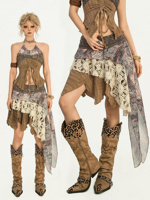 Nico Molly Asymmetric Patchwork Street Style Mid Waist A Line Brown Women Top & Skirt Sets