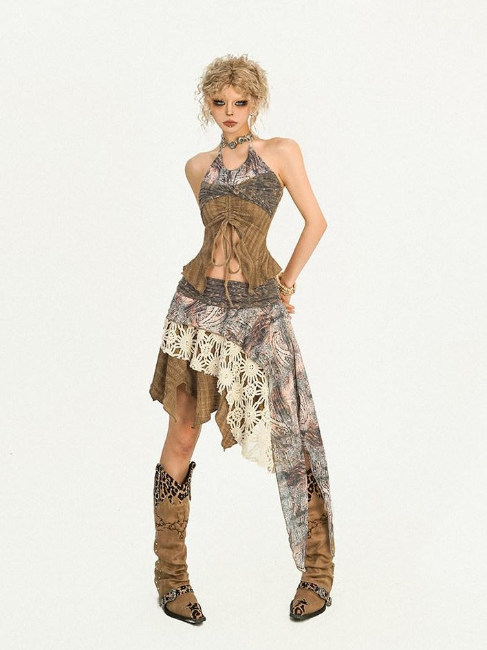Nico Molly Asymmetric Patchwork Street Style Mid Waist A Line Brown Women Top & Skirt Sets