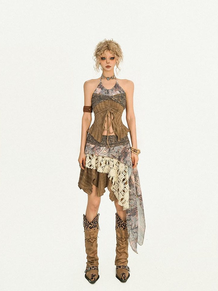 Nico Molly Asymmetric Patchwork Street Style Mid Waist A Line Brown Women Top & Skirt Sets