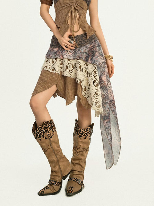 Nico Molly Asymmetric Patchwork Street Style Mid Waist A Line Brown Women Top & Skirt Sets