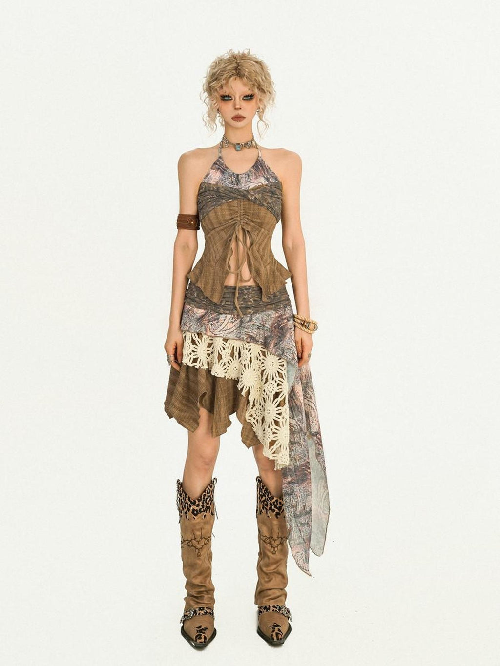 Nico Molly Asymmetric Patchwork Street Style Mid Waist A Line Brown Women Top & Skirt Sets