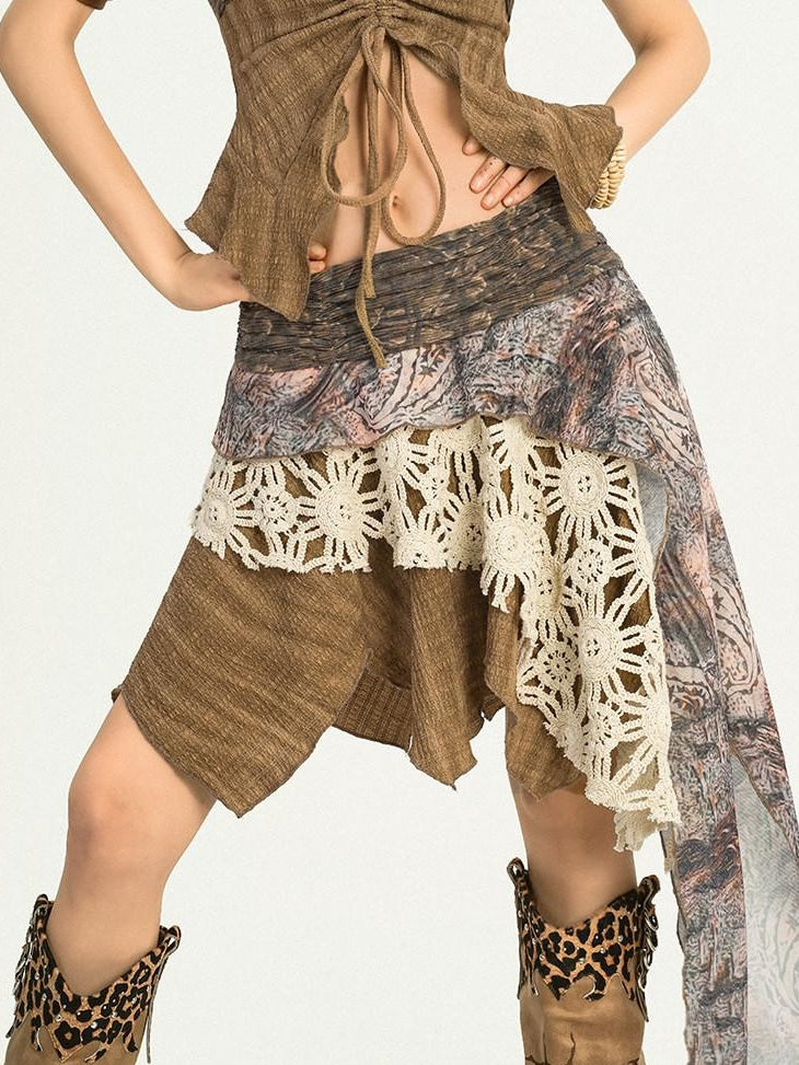 Nico Molly Asymmetric Patchwork Street Style Mid Waist A Line Brown Women Top & Skirt Sets