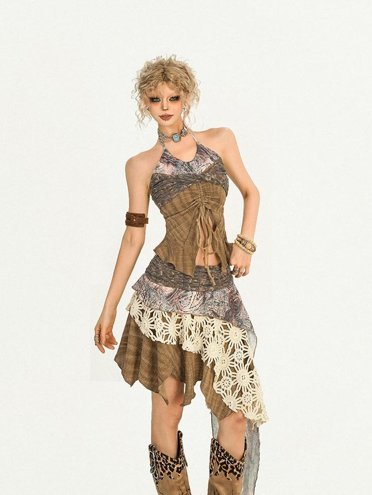 Nico Molly Asymmetric Patchwork Street Style Mid Waist A Line Brown Women Top & Skirt Sets