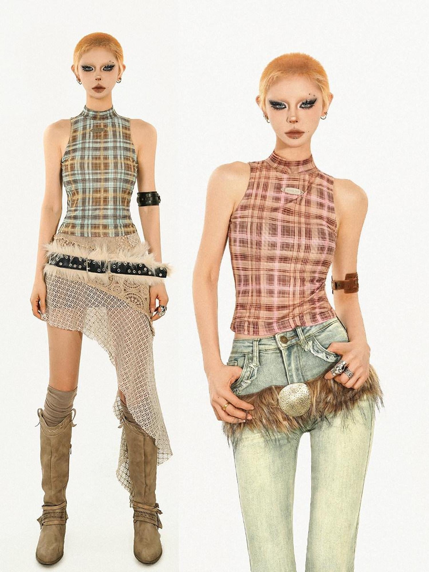 Nico Molly Asymmetric Plaid Slim Fit Streetwear For Young Women Pink Brown Tank Tops
