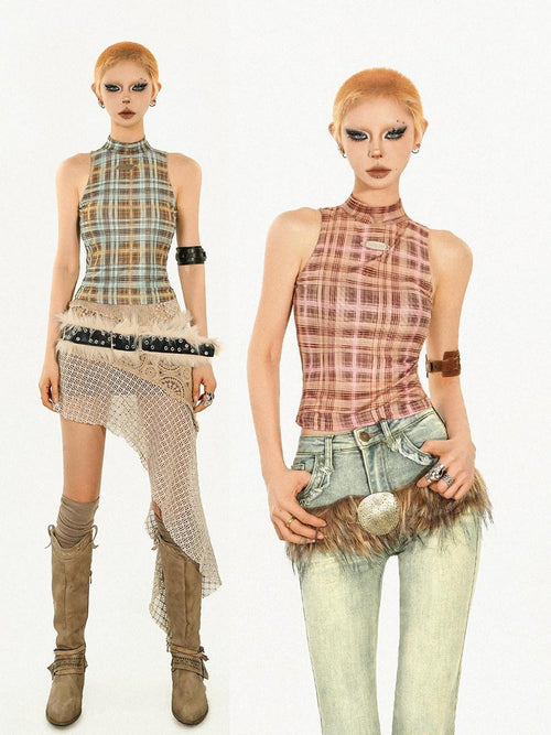Nico Molly Asymmetric Plaid Slim Fit Streetwear For Young Women Pink Brown Tank Tops
