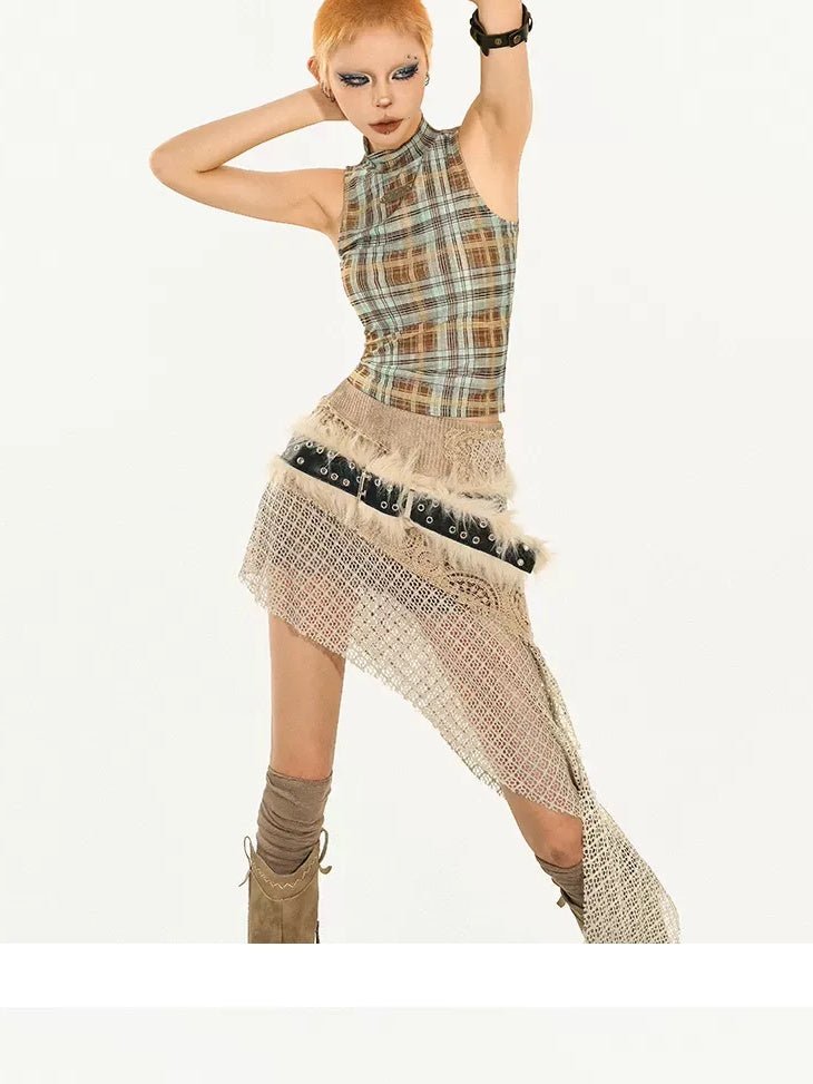 Nico Molly Asymmetric Plaid Slim Fit Streetwear For Young Women Pink Brown Tank Tops