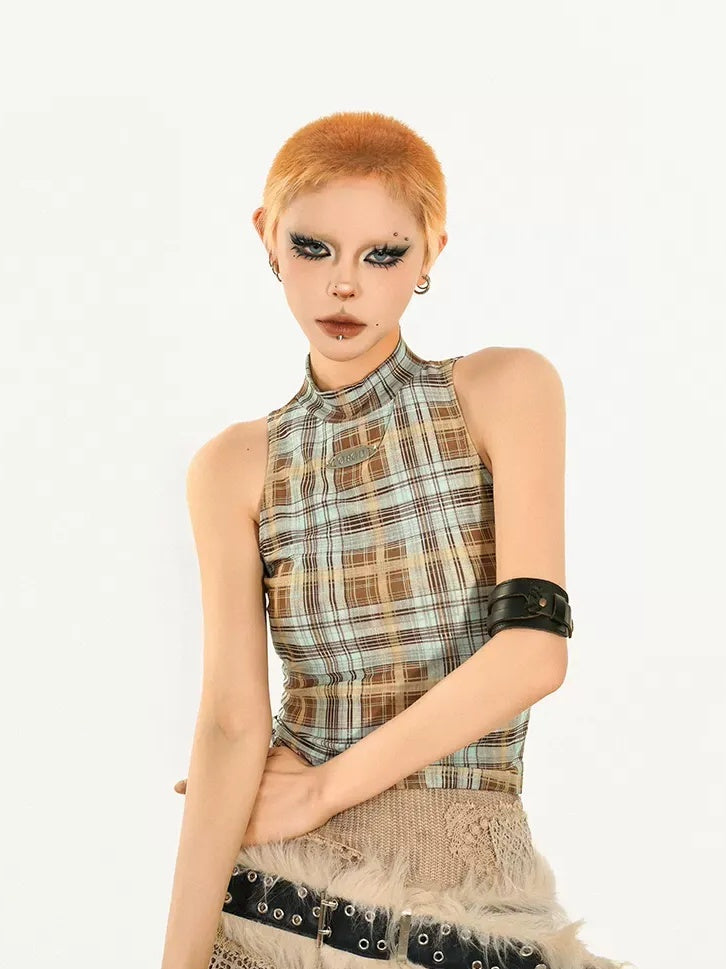 Nico Molly Asymmetric Plaid Slim Fit Streetwear For Young Women Pink Brown Tank Tops