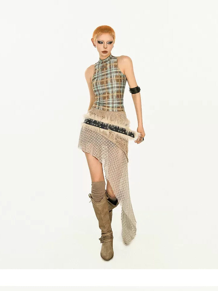 Nico Molly Asymmetric Plaid Slim Fit Streetwear For Young Women Pink Brown Tank Tops
