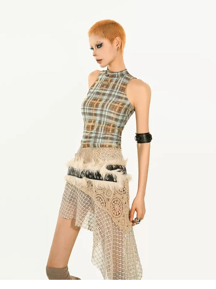 Nico Molly Asymmetric Plaid Slim Fit Streetwear For Young Women Pink Brown Tank Tops