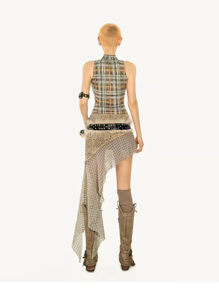 Nico Molly Asymmetric Plaid Slim Fit Streetwear For Young Women Pink Brown Tank Tops