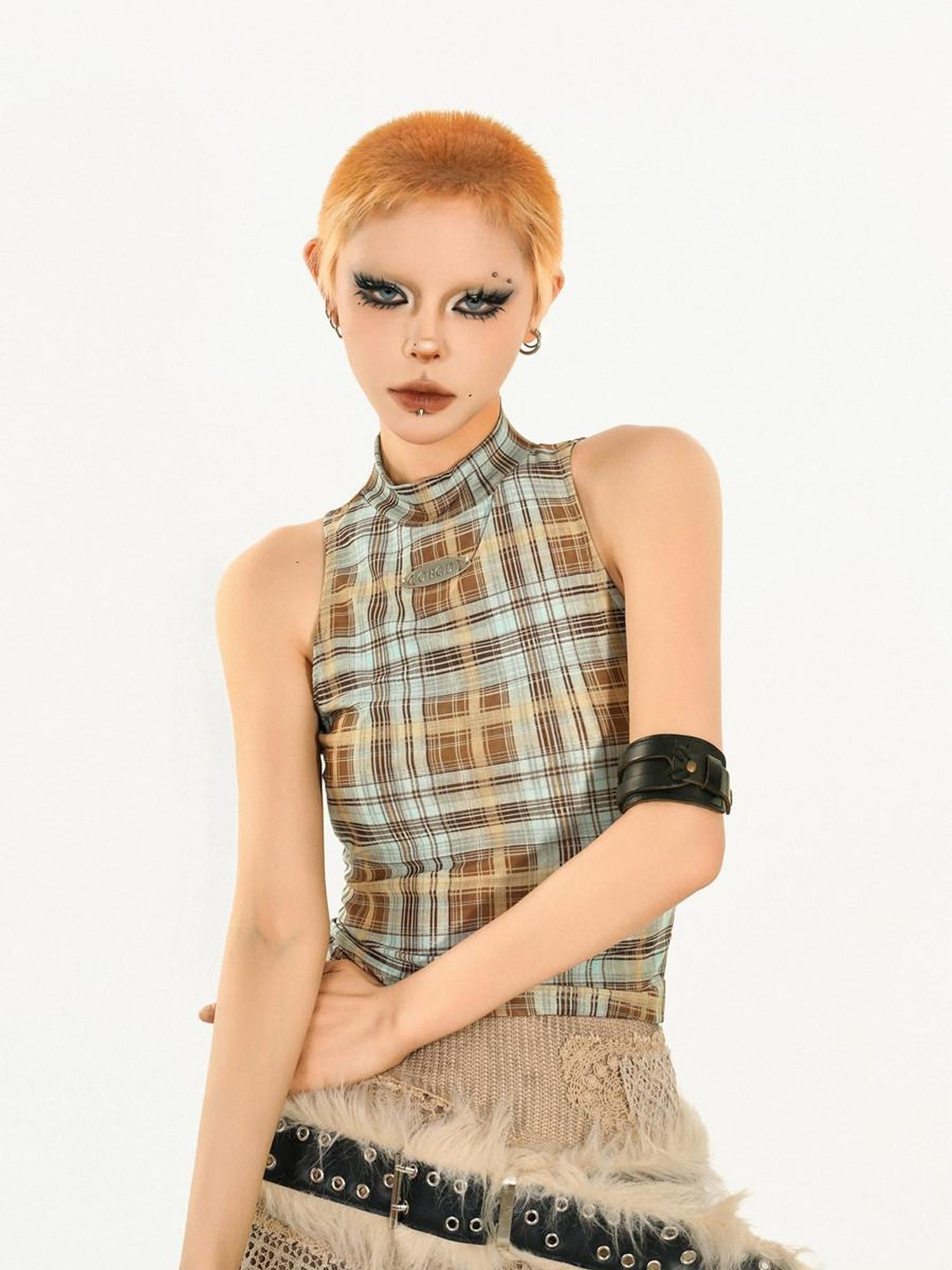Nico Molly Asymmetric Plaid Slim Fit Streetwear For Young Women Pink Brown Tank Tops