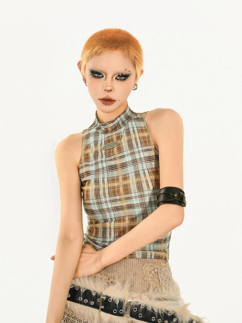 Nico Molly Asymmetric Plaid Slim Fit Streetwear For Young Women Pink Brown Tank Tops