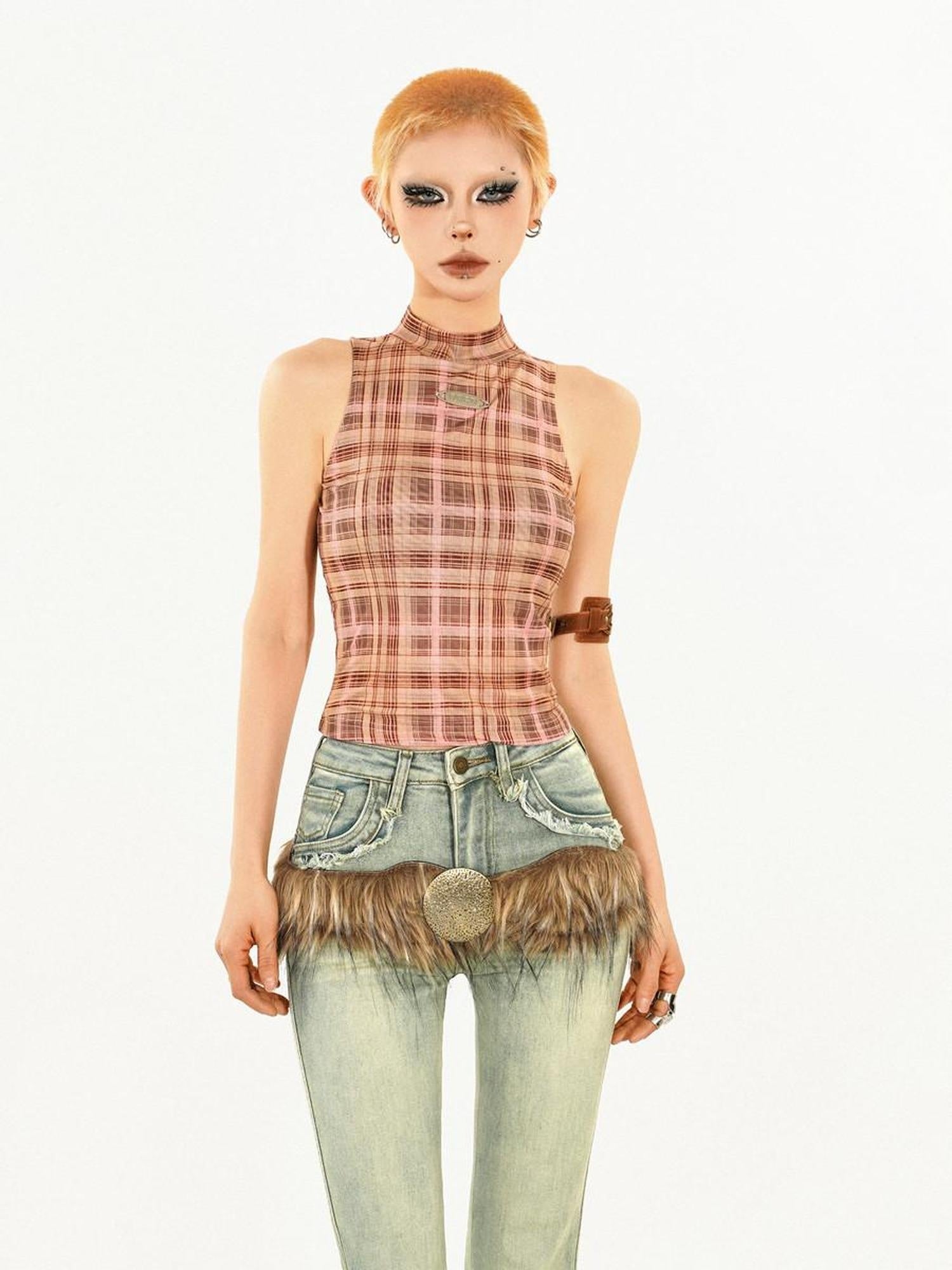 Nico Molly Asymmetric Plaid Slim Fit Streetwear For Young Women Pink Brown Tank Tops