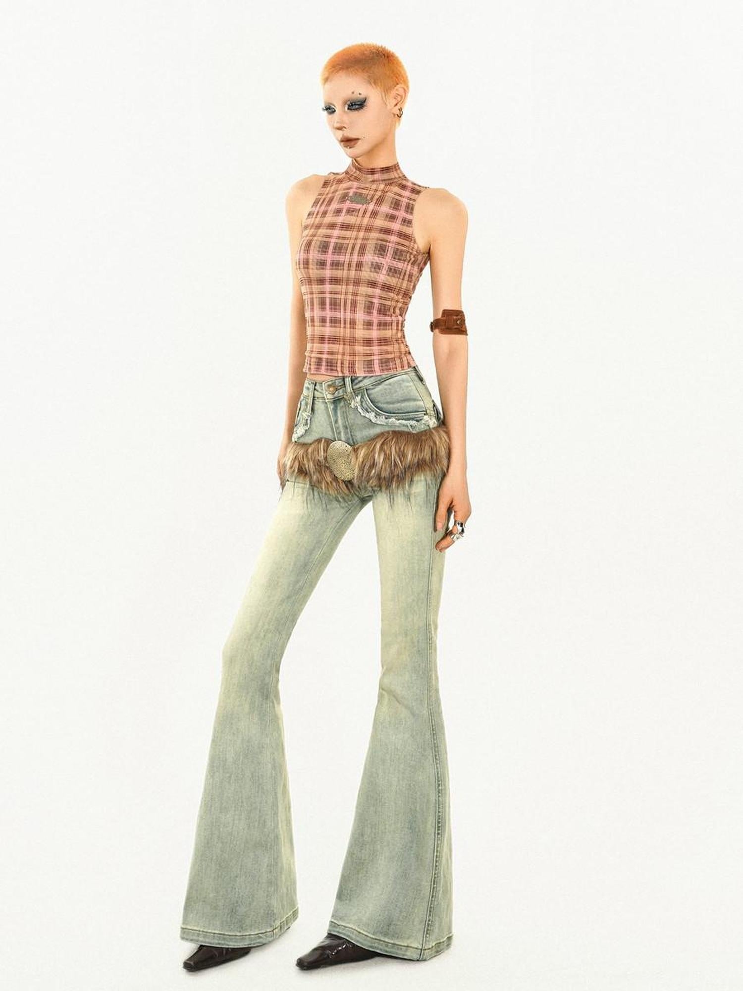 Nico Molly Asymmetric Plaid Slim Fit Streetwear For Young Women Pink Brown Tank Tops