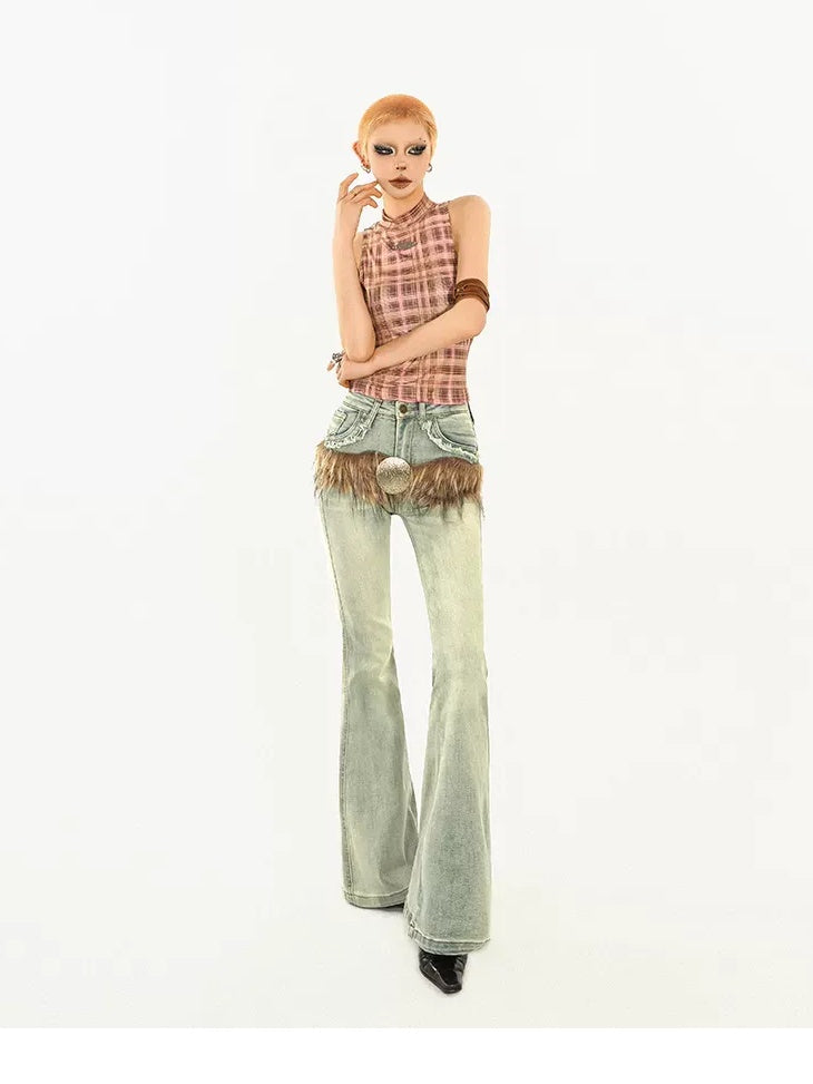 Nico Molly Asymmetric Plaid Slim Fit Streetwear For Young Women Pink Brown Tank Tops