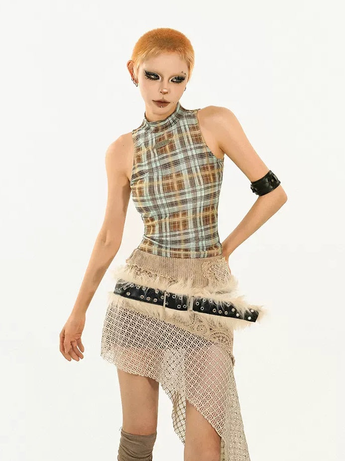 Nico Molly Asymmetric Plaid Slim Fit Streetwear For Young Women Pink Brown Tank Tops