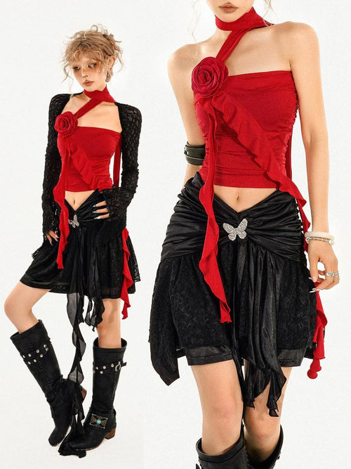 Nico Molly Asymmetric Slim Fit Streetwear Spaghetti Strap Short Solid Red Black Tube Tops