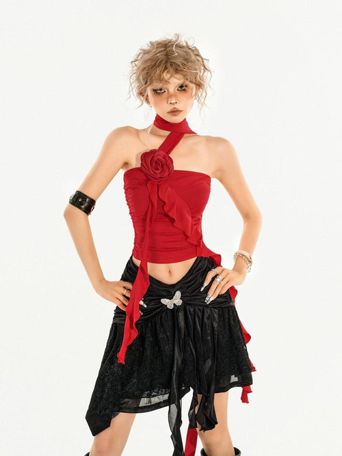 Nico Molly Asymmetric Slim Fit Streetwear Spaghetti Strap Short Solid Red Black Tube Tops