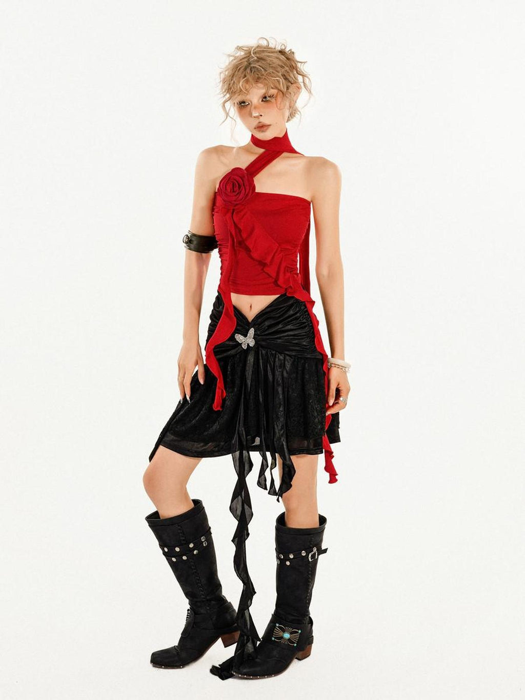 Nico Molly Asymmetric Slim Fit Streetwear Spaghetti Strap Short Solid Red Black Tube Tops