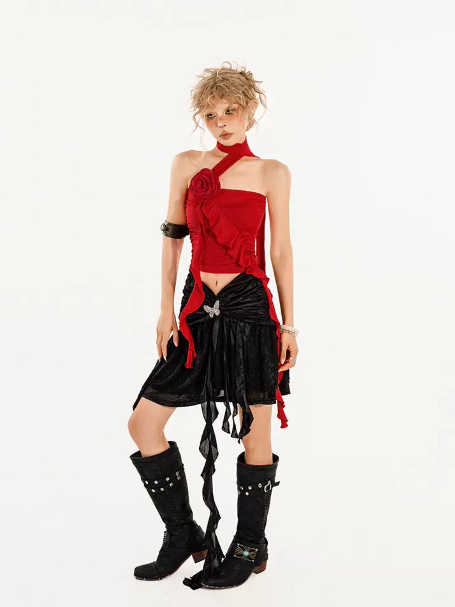 Nico Molly Asymmetric Slim Fit Streetwear Spaghetti Strap Short Solid Red Black Tube Tops
