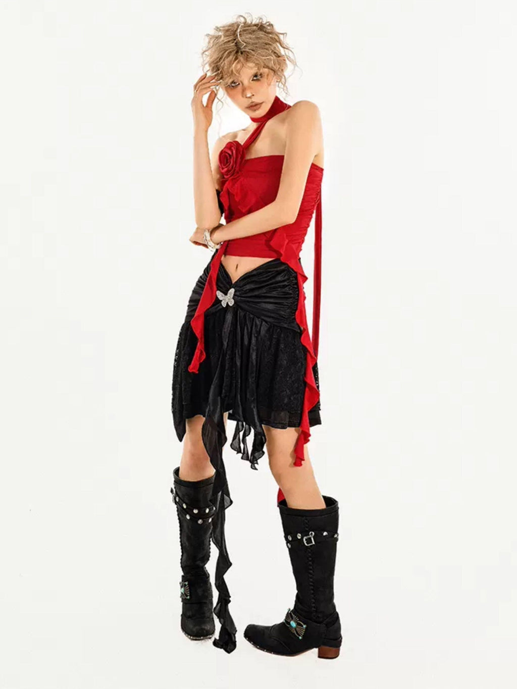 Nico Molly Asymmetric Slim Fit Streetwear Spaghetti Strap Short Solid Red Black Tube Tops