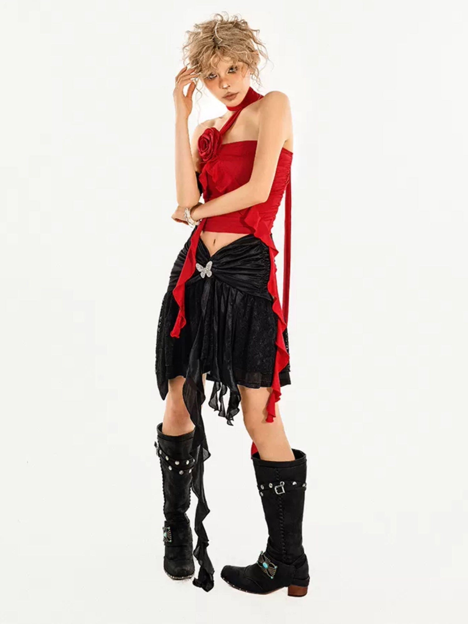 Nico Molly Asymmetric Slim Fit Streetwear Spaghetti Strap Short Solid Red Black Tube Tops